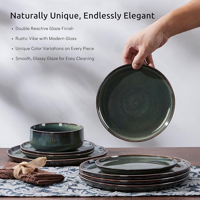 E-far Dinnerware Sets for 8, 24-Piece Stoneware Plates and Bowls Set, Ceramic Dishes Reactive Glaze Dinning Ware, Microwave & Dishwasher Safe - Obsidian Green