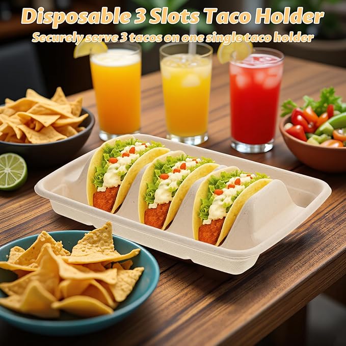 150Pcs Disposable Taco Holders for Party, Premium Bagasse Pulp Taco Plates, Taco Plates with 3 Dividers, 3-Slot Taco Tray Holder, Taco Bar Serving Set for Party Taco Tuesday Hot Dog Sandwich