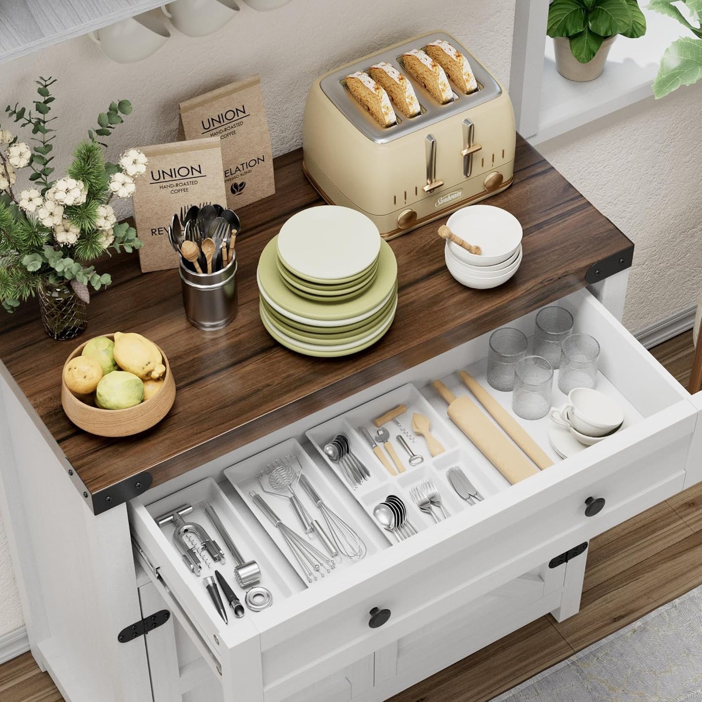 YESHOMY Farmhouse Coffee Bar Cabinet Sideboards, with Barn Doors, Spacious Drawer, Adjustable Interior Shelf, Generous Top Surface, for Kitchen, Bathroom, Entryway, Living Room, Pure White