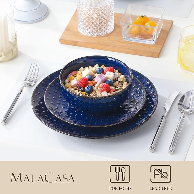 MALACASA 12 Pieces Dinnerware Sets, Modern Plates and Bowls Sets, Blue Dish Set for 4, Kitchen Ceramic Dinner Plates Dishware Set, Microwave and Dishwasher Safe, Series LYDIA