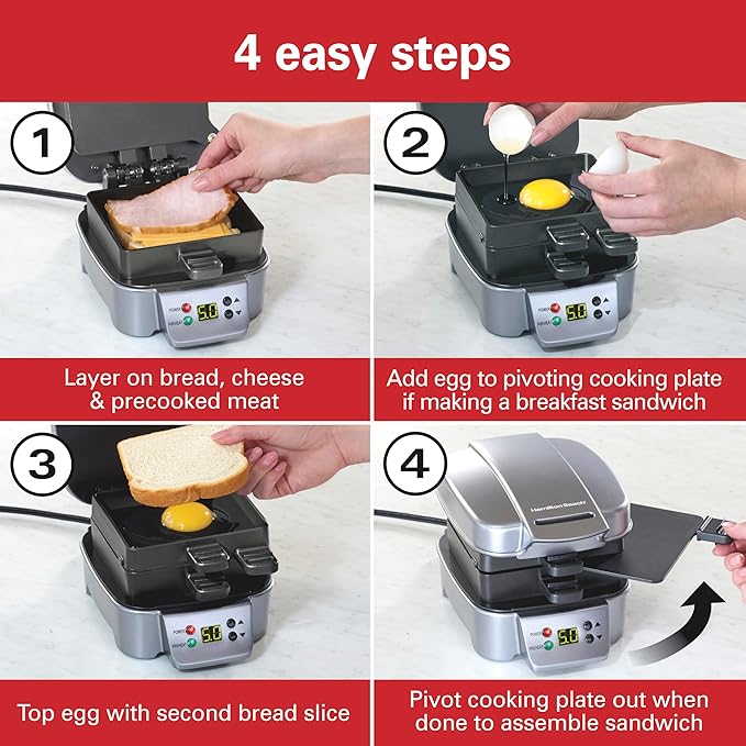 Hamilton Beach Sandwich Stacker Customizable Hot Sandwich Maker, 24 Sq. In. Non-Stick PFAS-Free Cooking Surfaces, Built-In Timer, Compact, Dishwasher-Safe, Perfect White Elephant Gifts, Silver (25471)