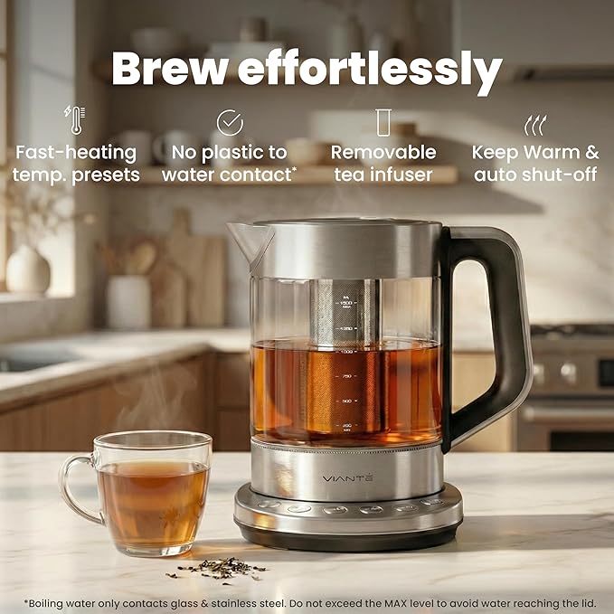 Vianté Electric Tea Kettle With Infuser for Loose Leaf, No Plastic In Contact With Water, Hot Tea Maker with Temperature Control, Automatic Shut Off, 1.5L Borosilicate Glass