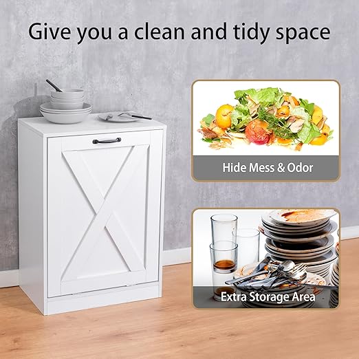 13 Gallon Wooden Tilt Out Trash Cabinet Hidden Trash Can Kitchen Recycling Cabinet Laundry Cabinet for Kitchen, Living Room (White)