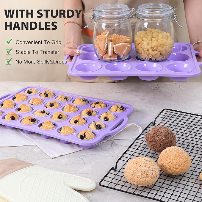 2 Pack Silicone Muffin Pan 12 and 24 Cup with Metal Frame, Non Stick Silicone Mini Cupcake Pan with Handles, BPA Free Silicon Regular Muffin Tin Tray Small for baking, egg bites, Mold Purple