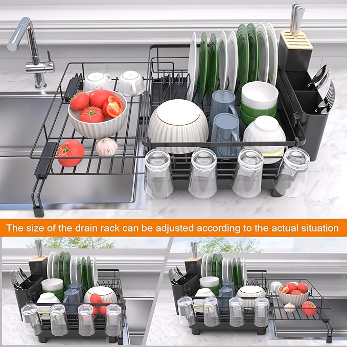 Runnatal Dish Drying Rack - Expandable Dish Rack, Large Drying Dish Drainer Over Sink with Drainboard, Utensil Holder & Cup Holder, Stainless Steel Dish Strainer for Kitchen Counter, Black