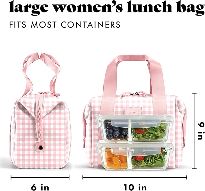 Fit & Fresh Remi Neoprene Lunch Bag For Women - Meal Prep Kit with Containers & XL Ice Pack, Self Insulating Neoprene-like Material, Machine Washable Lunch Bag, Tear & Stain-Resistant, Pink Gingham