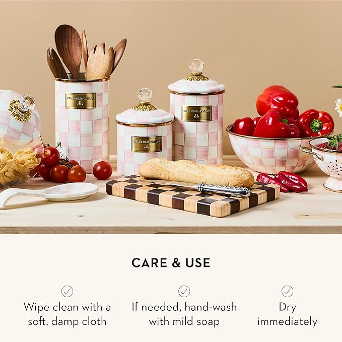 MACKENZIE-CHILDS Medium Enamel Canister, Kitchen Storage Container for Flour and Sugar, 1.42 Liters, Pink-and-White Rosy Check