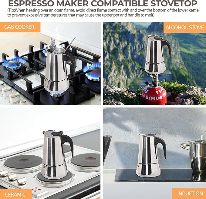 9 Cup 450ml Moka Pot Stainless Steel Espresso Coffee Maker Stovetop Coffeemaker Italian Classic Style Brewing Greca Cafe Mocha Machine for Cafeteras Lover Camping Travel and Home Use 15oz