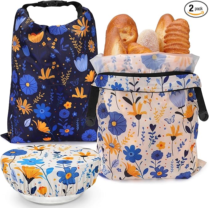 2 Pack Reusable Bread Bags for Homemade Bread, 17"×13" Sourdough Bread Storage Bags with Bowl Cover - Keep Loaf Fresh and Easy to Wash(Blue-Yellow Floral)
