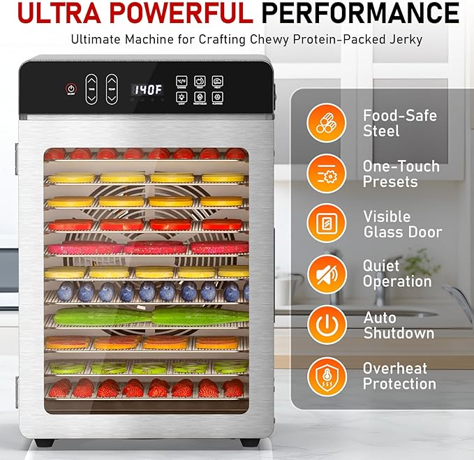 Food Dehydrator, 12 Stainless Steel Trays, 800W Electric Dehydrator Machine with Digital Timer & 194℉ Temp Control, 4 Presets, 10.9ft² Dehydrator for Food and Jerky, Fruit, Herbs, Dog Treats