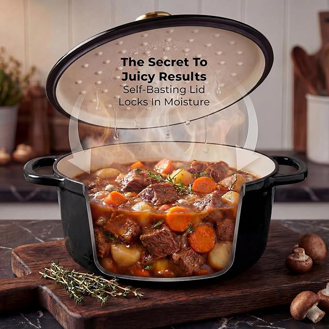 Zulay Kitchen 5 Quart Enameled Cast Iron Dutch Oven Pot with Lid – Premium Durability & Oven Safe up to 500°F – Heavy Duty Cookware Perfect for Bread Baking, Stews, Braising & Roasting – Black