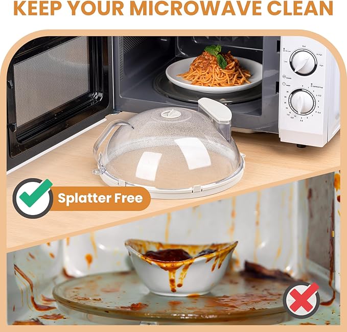 Gracenal Microwave Food Cover, 10 Inch Microwave Splatter Cover with Water Steamer and Integrated Handle, Clear Splatter Guard Microwave Cover for Food, White Cookware Lid Gifts for Mom