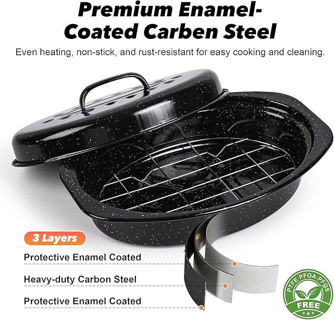 13” Roaster Pan with Lid and Rack, Small Enamel Roaster Pan with Oval Roasting Rack, Granite Baking Pot for Chicken Turkey Lamb, Heat Resistant, Oven/Dishwasher/All Stovestops Compatible