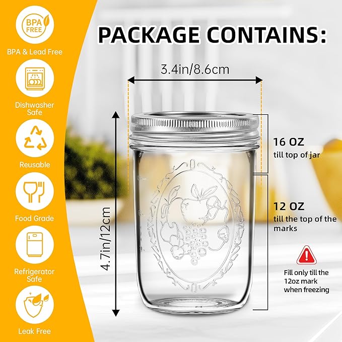 Miuyhji Wide Mouth Mason Jars 16 oz with Lids [2 Pack], Canning Jars with Metal Airtight Lids and Bands, 16 oz Glass Jars for Fermenting, Pickling, Freezing, Preserving, Meal Prep, Jar Décor