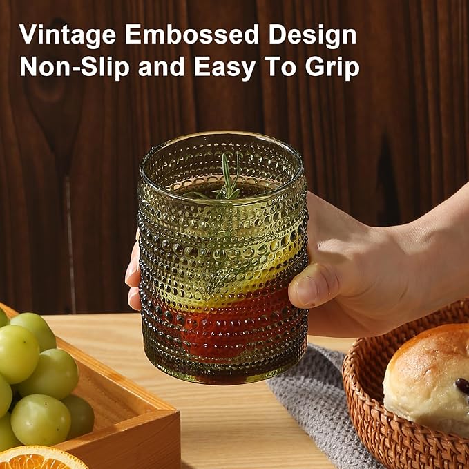ZMOWIPDL Vintage Glassware Drinking Glasses Set of 12,Green 12oz & 15oz Hobnail Glass Cups,Embossed Water Tumbler,for Beer,Cocktail,Whiskey,Juice and Various Mixed Drinks- 1 Cleaning Brush