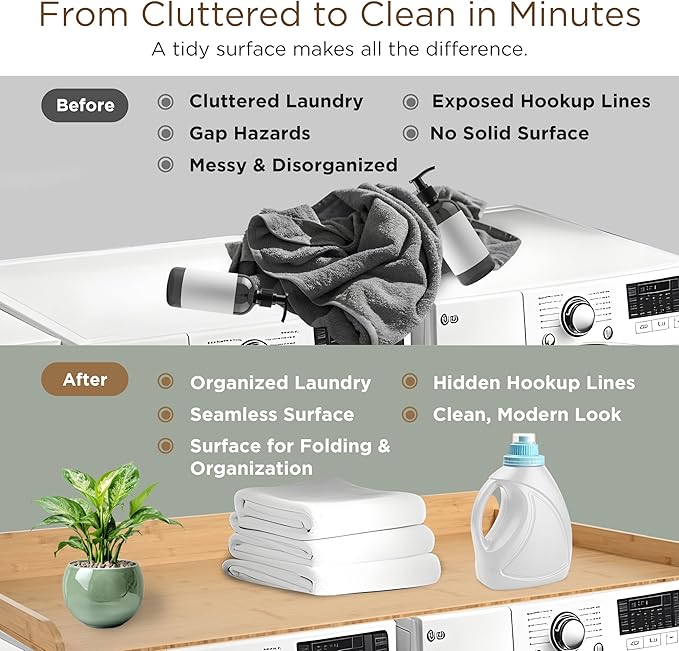 Solid Bamboo Washer Dryer Countertop, Laundry Wood Shelf Topper with Non-Slip Pads, Edge Rails and High Back Rail for Laundry Room Storage & Organization, Washer Dryer Counter Storage, 25"W x 54" L