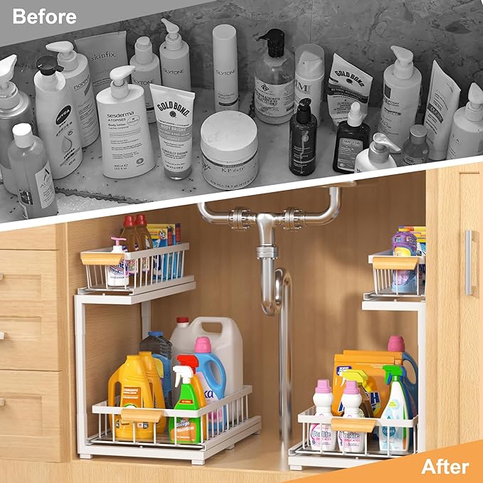Under Sink Organizer,2 Tier Under Sink Organizers and Storage,Slide Out Pull Out Cabinet Organizer Shelf, Metal Sliding Drawer for Kitchen Bathroom Pantry Cabinet Closet Organization Rack