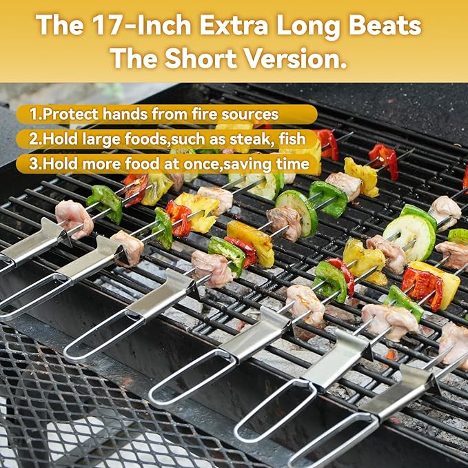 Metal Skewers for Kabobs - 17" 10 Pack Kabob Skewers with Push Bar Double Pronged Anti-Roll Flat BBQ Skewer for Grilling Stainless Steel Reusable Kebab Skewer for Meat Shrimp Chicken Veggie