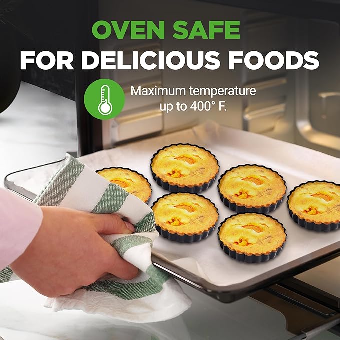 NutriChef 10-Piece Nonstick Mini Tart Pans with Removable Bottom - Heavy Duty 4 Inch Steel Quiche Pans, Oven & Dishwasher Safe, Fluted Side for Sweet & Savory Foods - Includes 200pcs Parchment Paper
