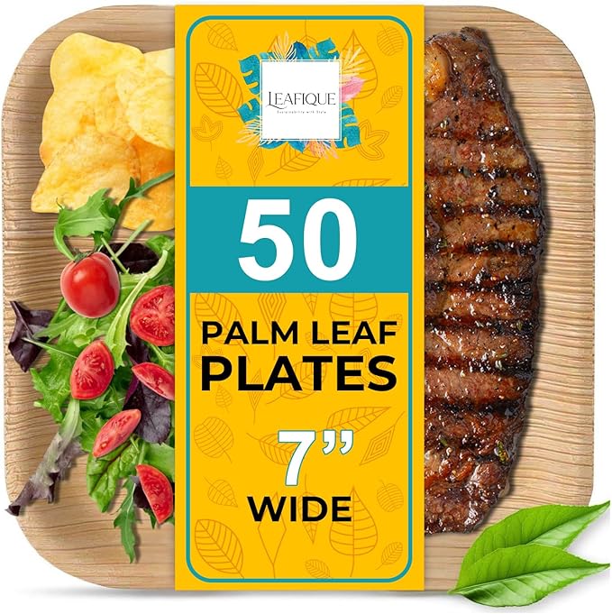 100% Natural 7” Palm Leaf Square Plate (50 pack), Compostable & Biodegradable Dinnerware for Catering, Birthdays, Halloween, BBQs, Thanksgiving, Alternative to Paper & Bamboo Plates Disposable