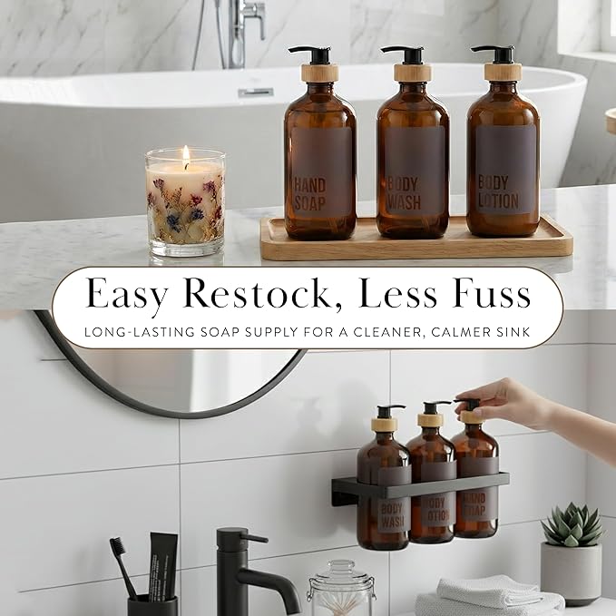 SAVVY & SORTED Amber Glass Soap Dispenser with Pump, Body Wash Soap Dispenser, Refillable Hand Soap Bottle for Bathroom, Matching Body Lotion Bottle Available, 17 Fl Oz / 500 ml