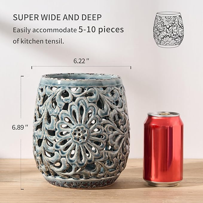 Farmhouse Kitchen Utensil Holder for Kitchen Counter, Ceramic Large Cooking Utensil Crock with Cork Mat, Countertop Cooking Tool Spatula Organizer, Antique Grayish Blue