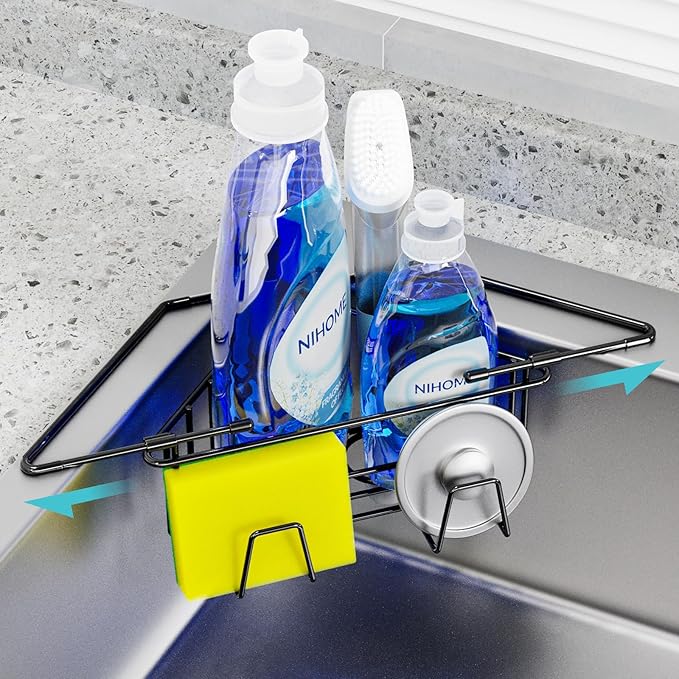NiHome Extendable Arm Stainless Steel Kitchen Sink Corner Caddy, Easy Install Space-Saving Adjustable Sponge Holder, Non-Slip Rust-Resistant for Brushes, Soap, Sponges (Black)