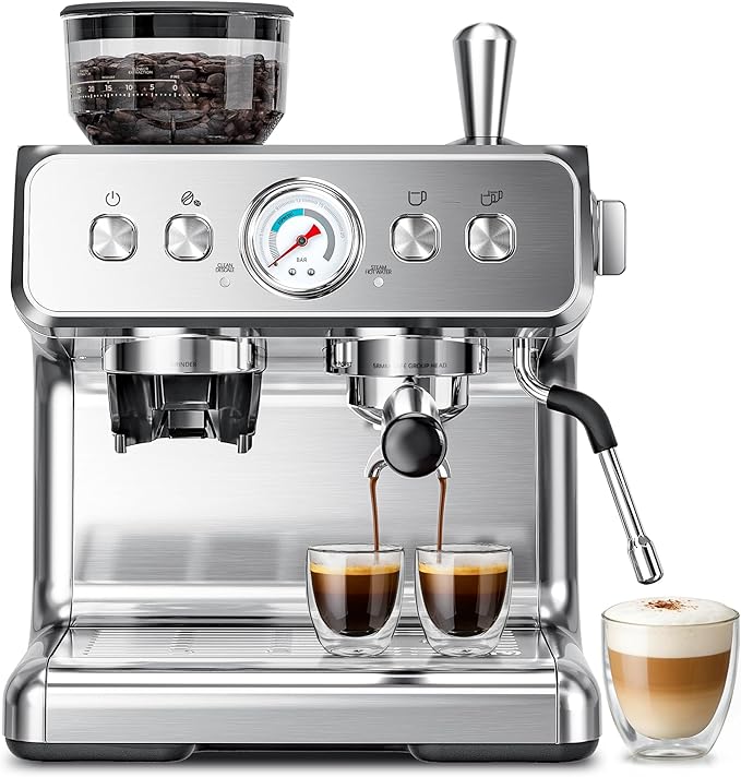 Kismile Espresso Machine with Grinder, 20 Bar Expresso Coffee Machines with Milk Frother, 58mm Expresso Machines for Home, Perfect for Cappuccino & Latte, Stainless Steel(2026 Upgrade)