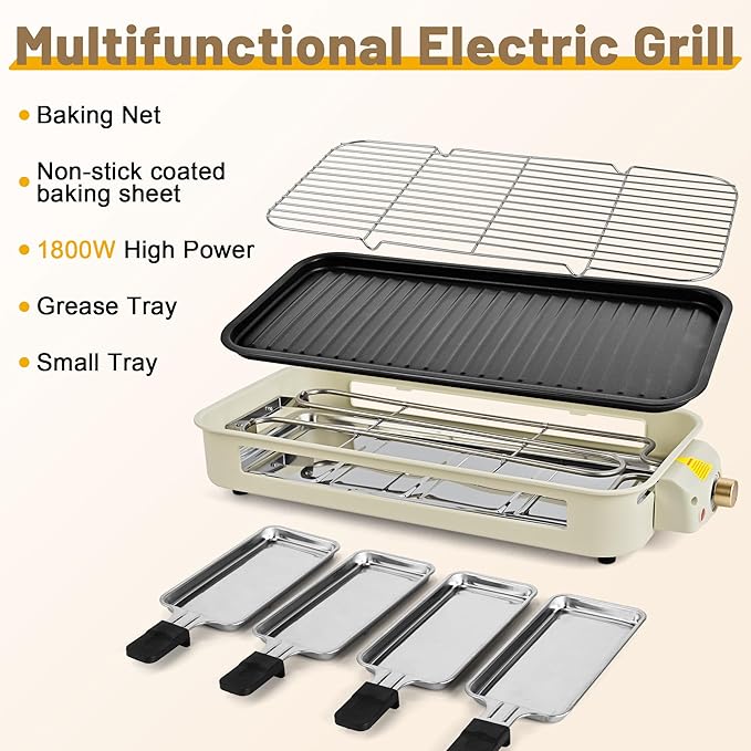 Pukomc Electric Indoor Grill,2 in 1 Indoor Grills for Kitchen with Grill Net & Non-Stick Cooking Removable Plate, Temperature Control, Dishwasher Safe, 1800W Large Smokeless Griddle