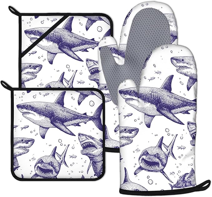 Cool Shark Oven Mitts and Pot Holders Sets 4Pcs Silicone Non-Slip Mitts Heat Resistant Gloves Hot Pads for Kitchen Cooking Baking Grilling BBQ