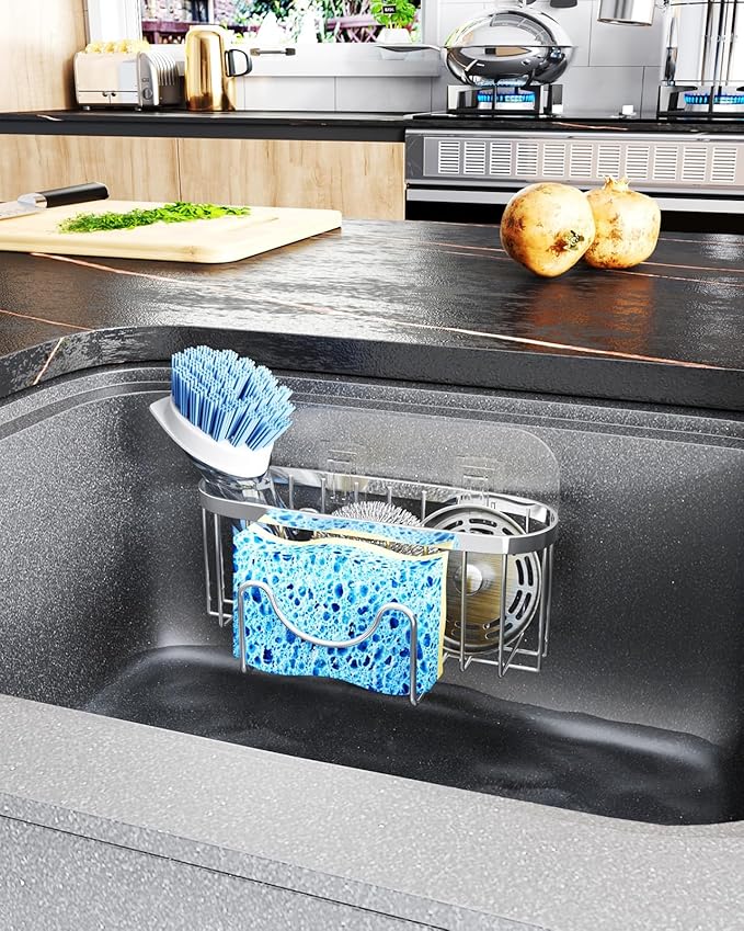 HapiRm Kitchen Sponge Holder for Sink - 2 Installation Methods Kitchen Sink Caddy Organizer with Unique M-Shaped, Rustproof Stainless Steel Sponge Caddy - Silver (Large)