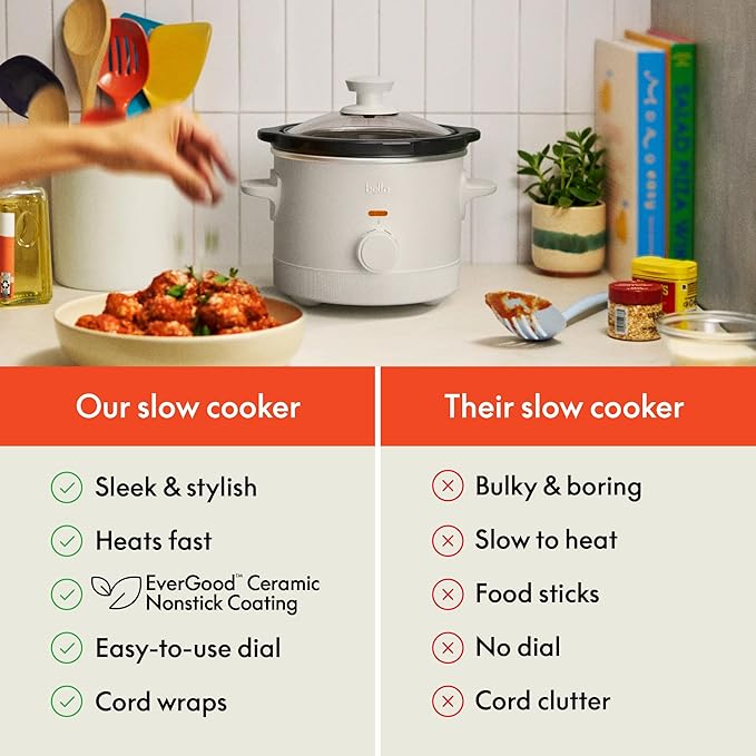 bella 1.5 Qt Slow Cooker with 3 Heat Manual Control, Ceramic Nonstick Coating, Dishwasher Safe Stoneware Pot and Tempered Glass Lid, Tangle Free Cord Wrap & Cool Touch Handles, Oatmilk
