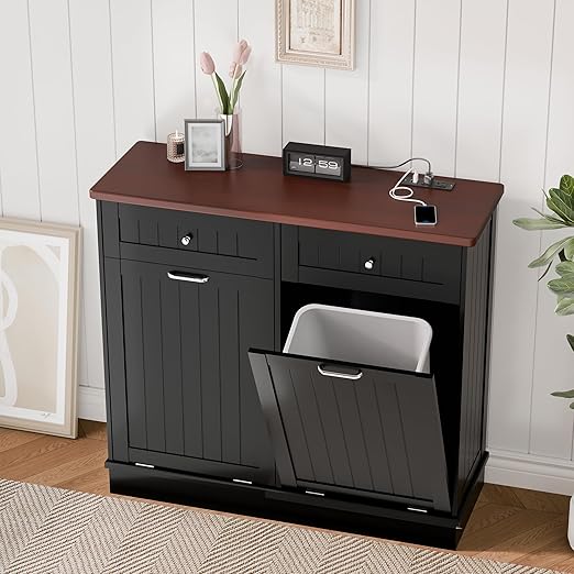 Betterhood Double Tilt Out Trash Cabinet with Power Outlet, 10 Gallon Trash Cabinet with Storage,Pet Proof Trash Can with 2 AC & USB Sockets for Kitchen,Living Room (Black, Double Door)