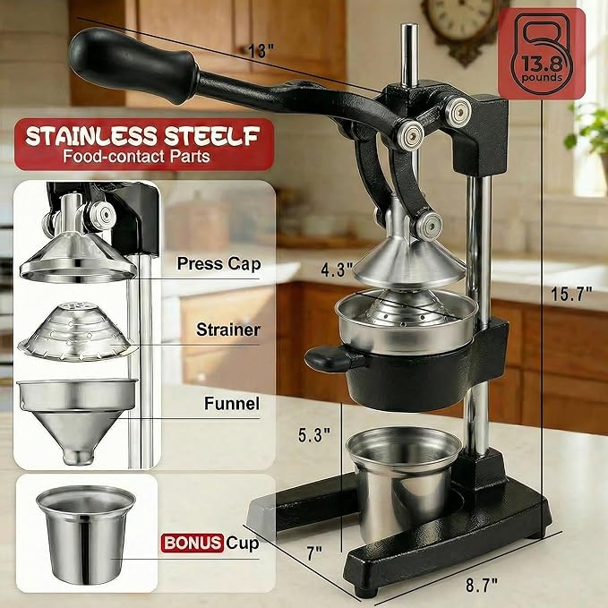 Cast Iron Juicer Hand Press - 13.8LB Heavy Duty Manual Citrus Orange Squeezer, 304 Stainless Steel Cup & Strainer, Professional Lemon Grapefruit Pomegranate Press for Home Bar Kitchen, Black