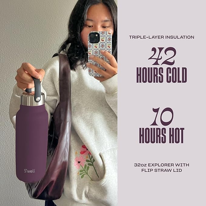 S'well Recycled Stainless Steel Explorer with Flip Straw Lid, 32oz, Plum, Triple Layered Vacuum Insulated Containers Keeps Drinks Cold for 42 Hours and Hot for 10