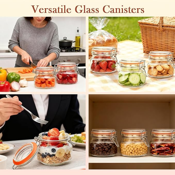16 oz Glass Jars With Airtight Lids And Leak Proof Rubber Gasket,Wide Mouth Mason Jars With Hinged Lids For Kitchen,Glass Storage Containers 6 Pack