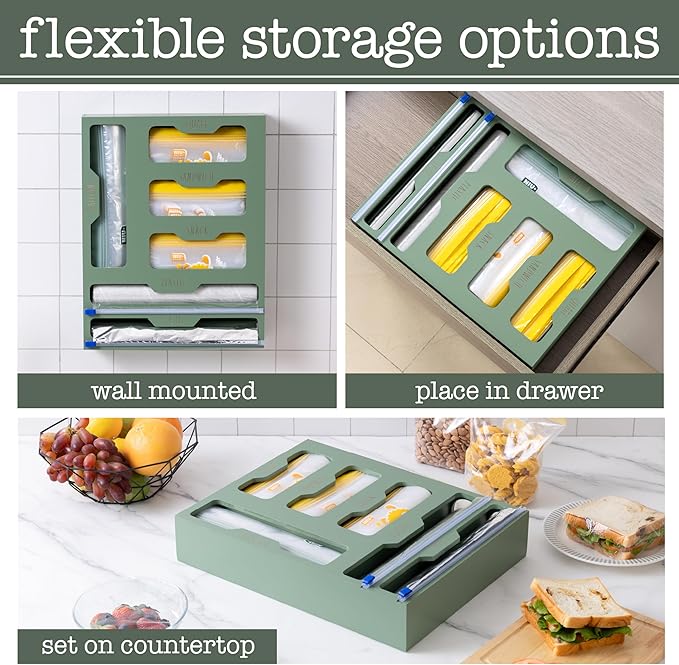 Rae Dunn Bamboo Bag Organizer for Kitchen Drawer - Durable Wood Organizer for Kitchen Storage - Holds Gallon, Quart, Snack, Sandwich Size Baggies, Plastic Wrap and Foil