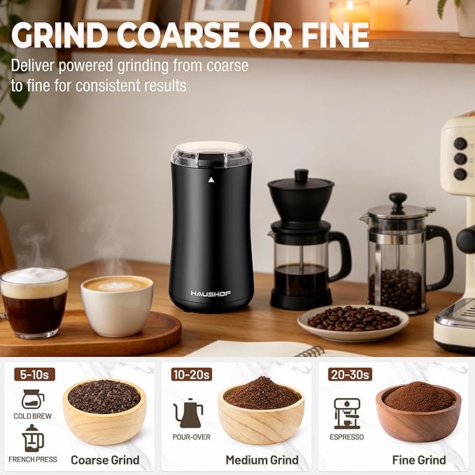 HAUSHOF Coffee Grinder Electric, One Touch Coffee Bean Grinder for Beans, Spices, Herbs and Seeds, Compact Design, with Clean Brush Black