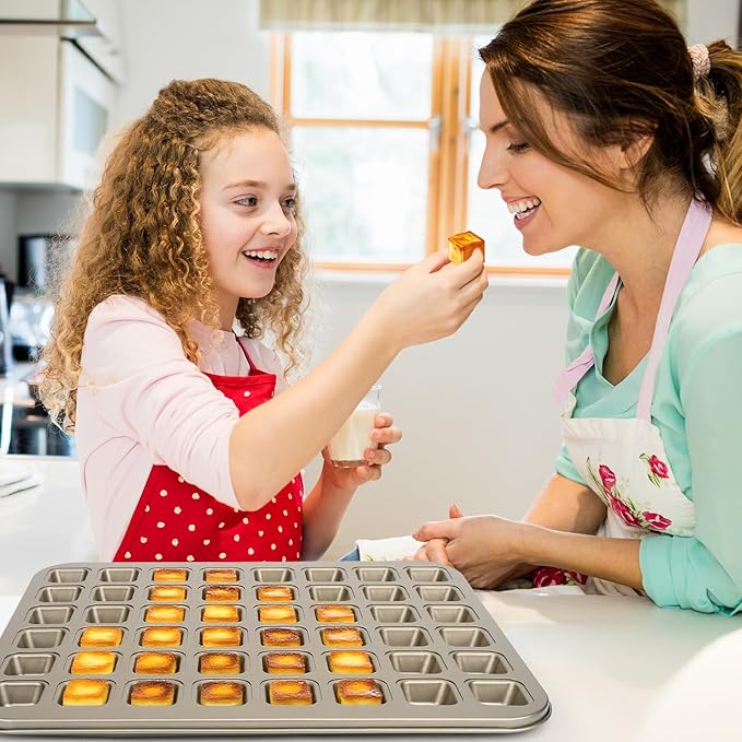 Beasea Square Mini Brownie Bite Pan, 2 Pack 48 Mini Small Tiny Cup All Edges Non Stick Square Cupcake Baking Sheet Tin Tray Carbon Steel Bakeware Individual Muffin Baking Pan - Gold