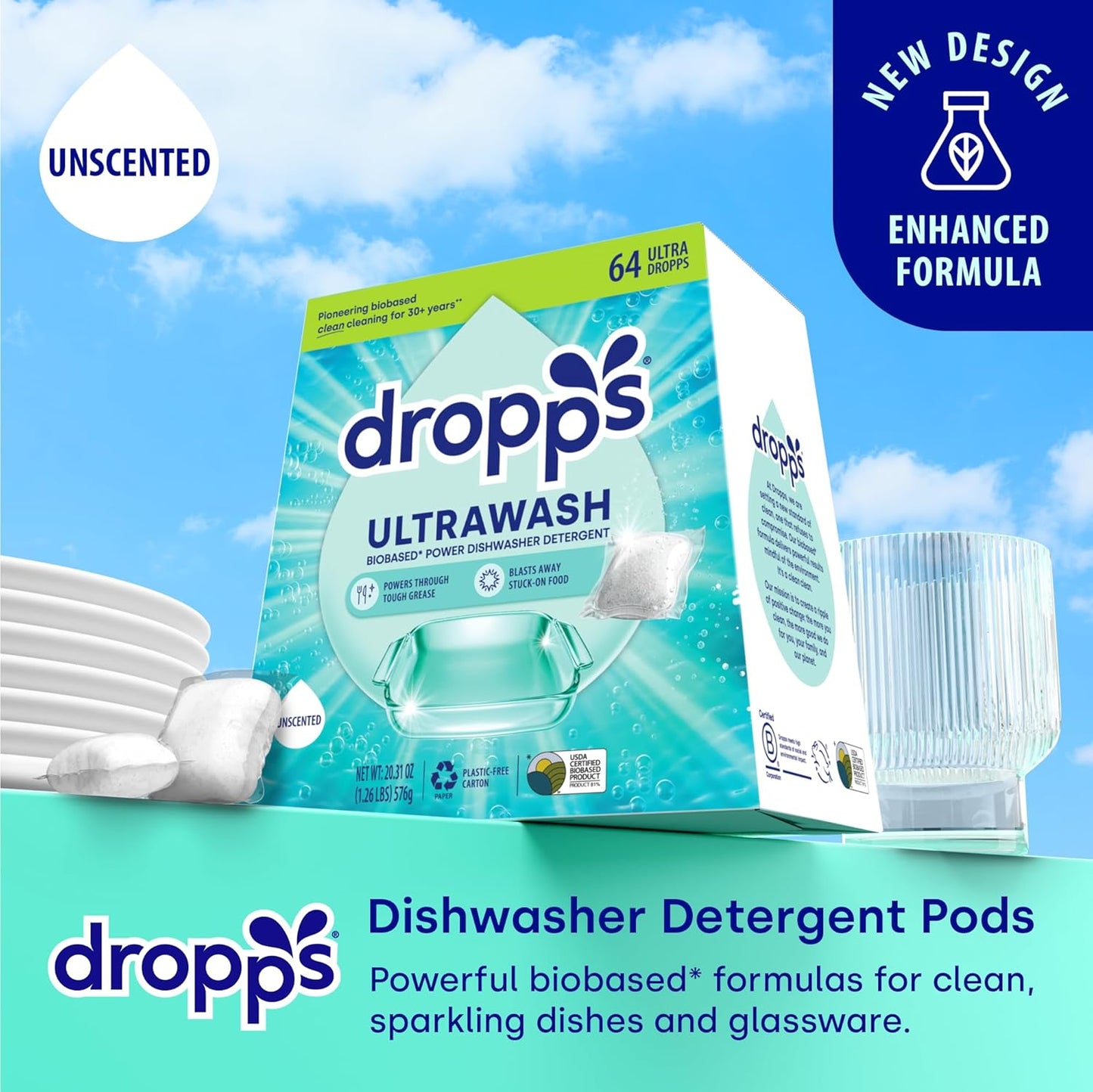 Dropps UltraWash Dishwasher Pods, Unscented (64 Count) - Biobased Power Deep Clean Dishwasher Detergent Tablets for Sparkling Shiny Dishes - No Rinse Aid or Pre-Wash Needed - Dishwashing Pods