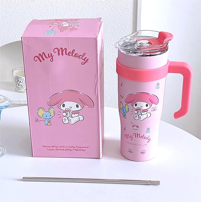 Melody & Mouse Stainless Steel Insulated Tumbler with Lid, Straw & Handle 1200ml - XL Size, Pink