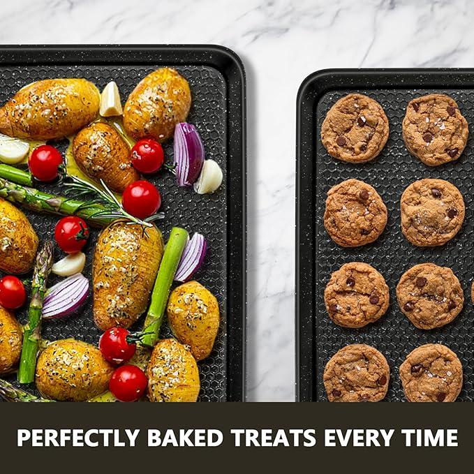 Wildone 2 Pack Half Sheet Baking Pans, Honeycomb Embossed Nonstick Baking Sheet 17.5x12 In, Thicker Carbon Steel Cookie Sheet, Even Heating & Warp Resistant, Black