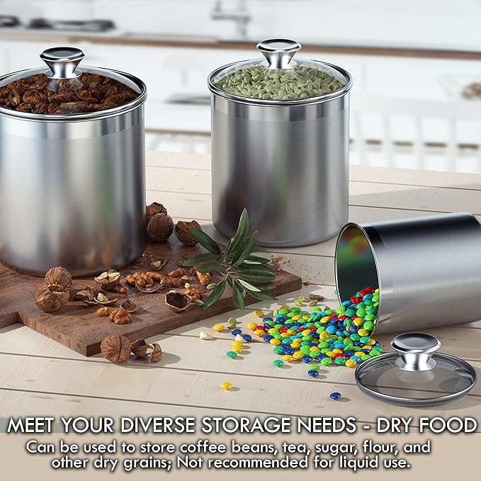 Cooks Standard Stainless Steel Food Jar Storage Canister Set Medium 4-Piece, 0.95qt/1.6qt/2.5qt/3.5qt Airtight Containers with Glass Lid for Tea Coffee Sugar Flour