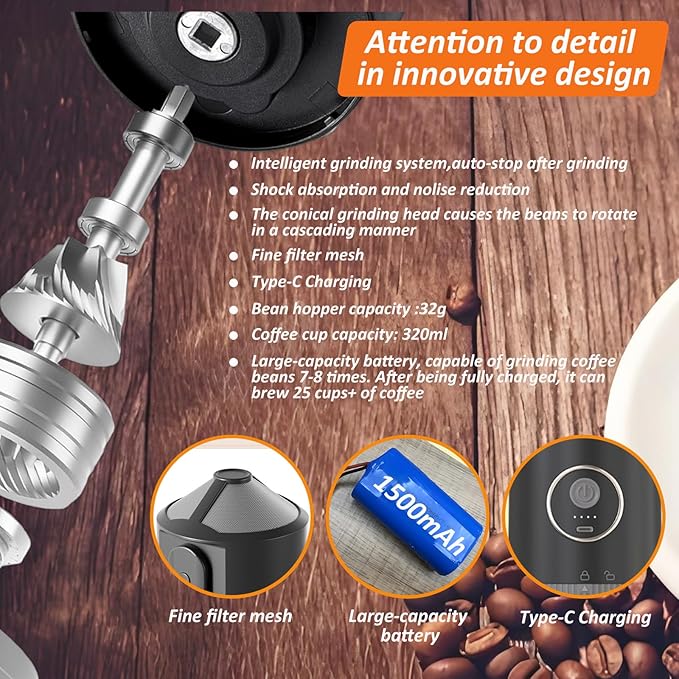 Portable Electric Coffee Grinder and Brewing Kit, Rechargeable, Conical Burr Mini Coffee Grinder with Filter, 32g Capacity & Coffee Cup for Camping, Travel, Office, Espresso, Pour Over, etc (Black)