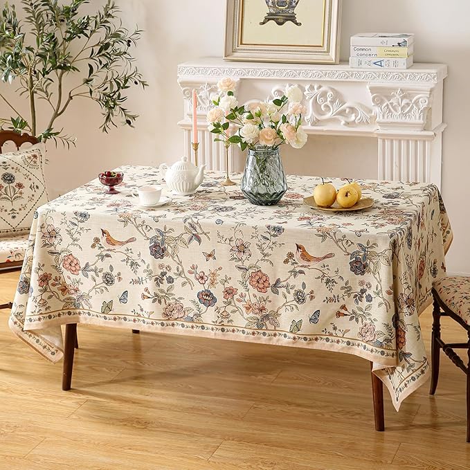 ISAENNE Designer French Light Beige Long Tablecloth Rectangle,Linen Florals and Birds Pattern Table Cloth,Anti-Wrinkle Decorative Tablecloths for Dining Thanksgiving Kitchen,63"*94"-Cornucopia
