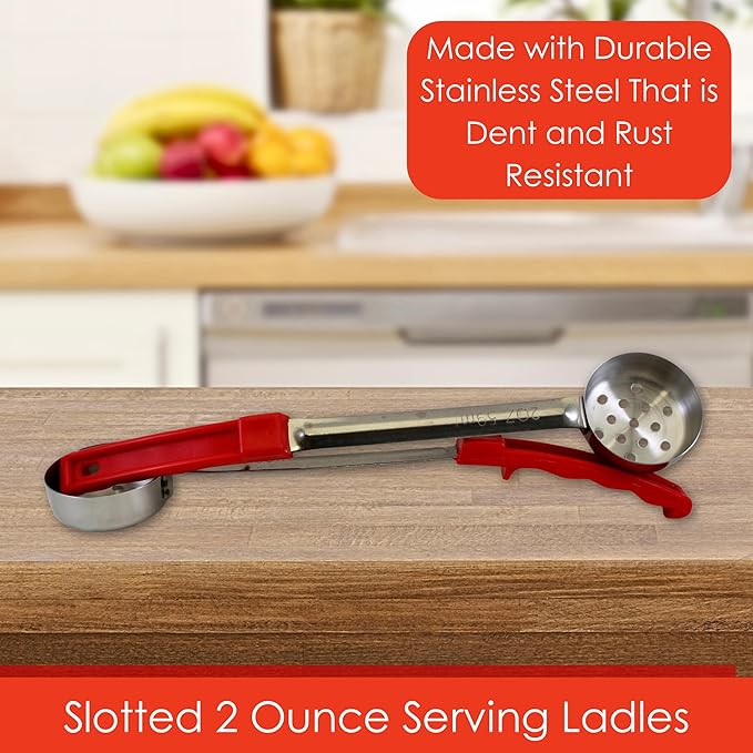 2 Ounce Slotted Stainless Steel Portion Control Ladle Spoon for Measuring and Serving; Commercial Grade Serving Scoops [Pack of 2]