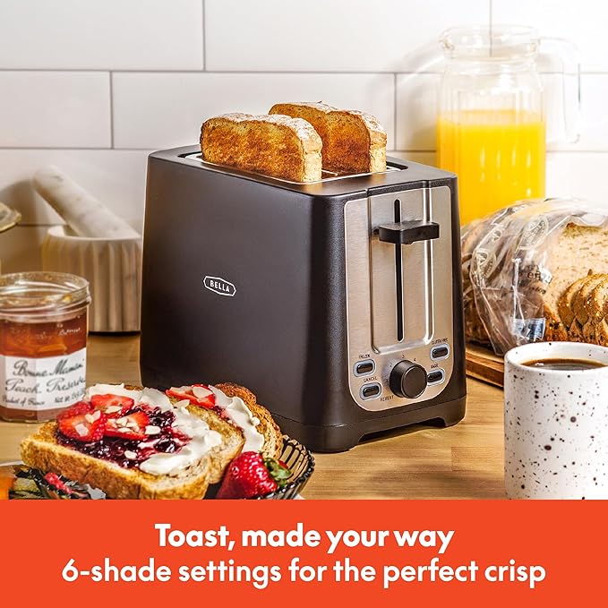 bella 2 Slice Toaster with Auto Shut Off - Extra Wide Slots & Removable Crumb Tray and Cancel, Defrost & Reheat Function - Toast Bread, Bagel & Waffle, Black