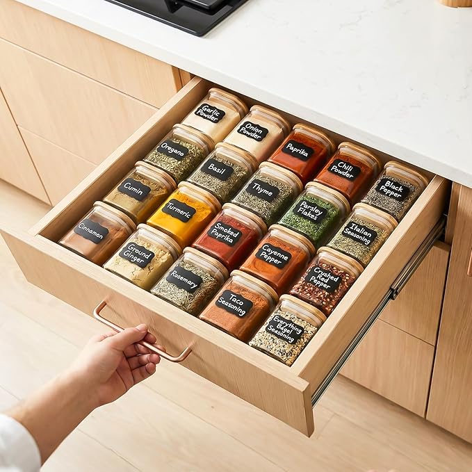 TBWIND 12 Pack 4 oz Square Glass Spice Jars with Lids and Labels – Airtight Small Seasoning Containers Set, Clear Glass Storage Jars for Seasoning, Spices, Kitchen Pantry Organization