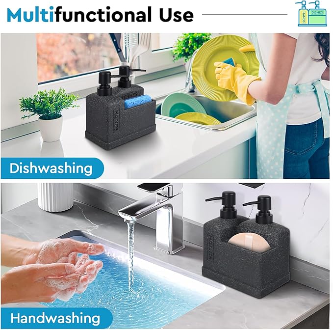 Kitchen Hand Soap and Dish Soap Dispenser Set,Dual Soap Dispenser with Sponge Holder 3-in-1 Organizer for Kitchen Sink,Bathroom,Useful Kitchen Gadgets - Black