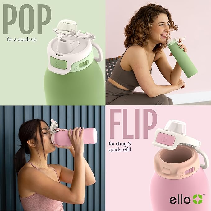 Ello Pop & Fill 22oz Stainless Steel Water Bottle with QuickFill Technology, Double Walled and Vacuum Insulated Metal, Leak Proof Locking Lid, Straw and Chug, Reusable, BPA Free, Take a Bow